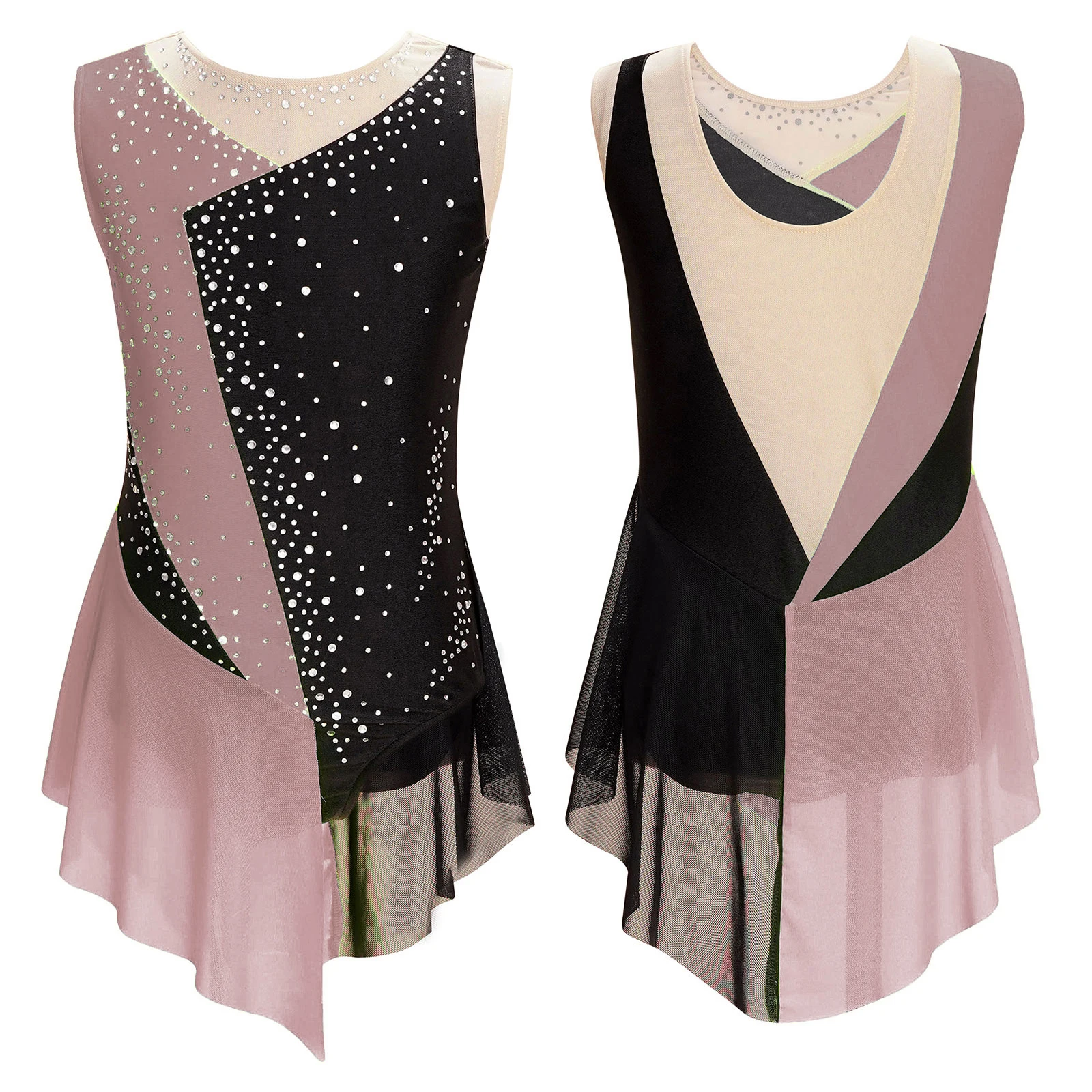 thumbnail image 1 of Traje de patinaje artístico para niñas, gimnasia, ballet, maillot, malla transparente con brillantes y diamantes de imitación, tutú de bailarina, mono ajustado, 1 of 5