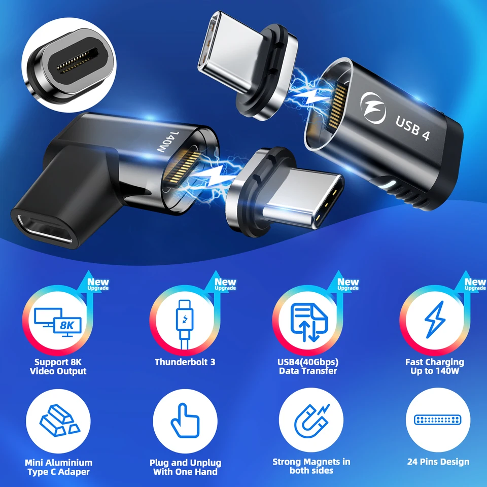 USB C Magnetic Adapter Straight 2 Pack, 24 Pin Magnetic USB C Adapter With PD 100W 5A Fast Charging 10Gbs Data Transfer USB3.1 4K 60Hz Video For Thunderbolt 3 MacBook Pro/Air
