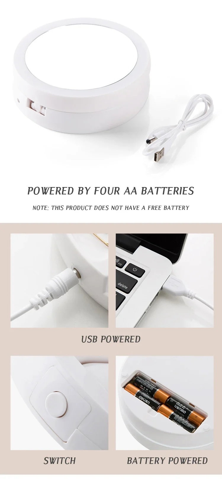 USB charging makeup mirror showing folded and unfolded sizes.
