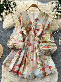 SINGREINY Artistic Print Classy Dress Spring Women Full Sleeve Slim French Style Office Lady Chiffon Retro Holiday A-line Dress 1