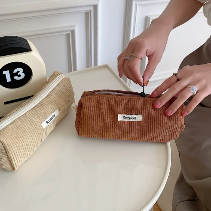 한국 코듀로이 소형 화장품 가방, 메이크업 파우치, 휴대용 여행 세면 용품 가방, 메이크업 브러쉬 정리함 학생 귀여운 필통 