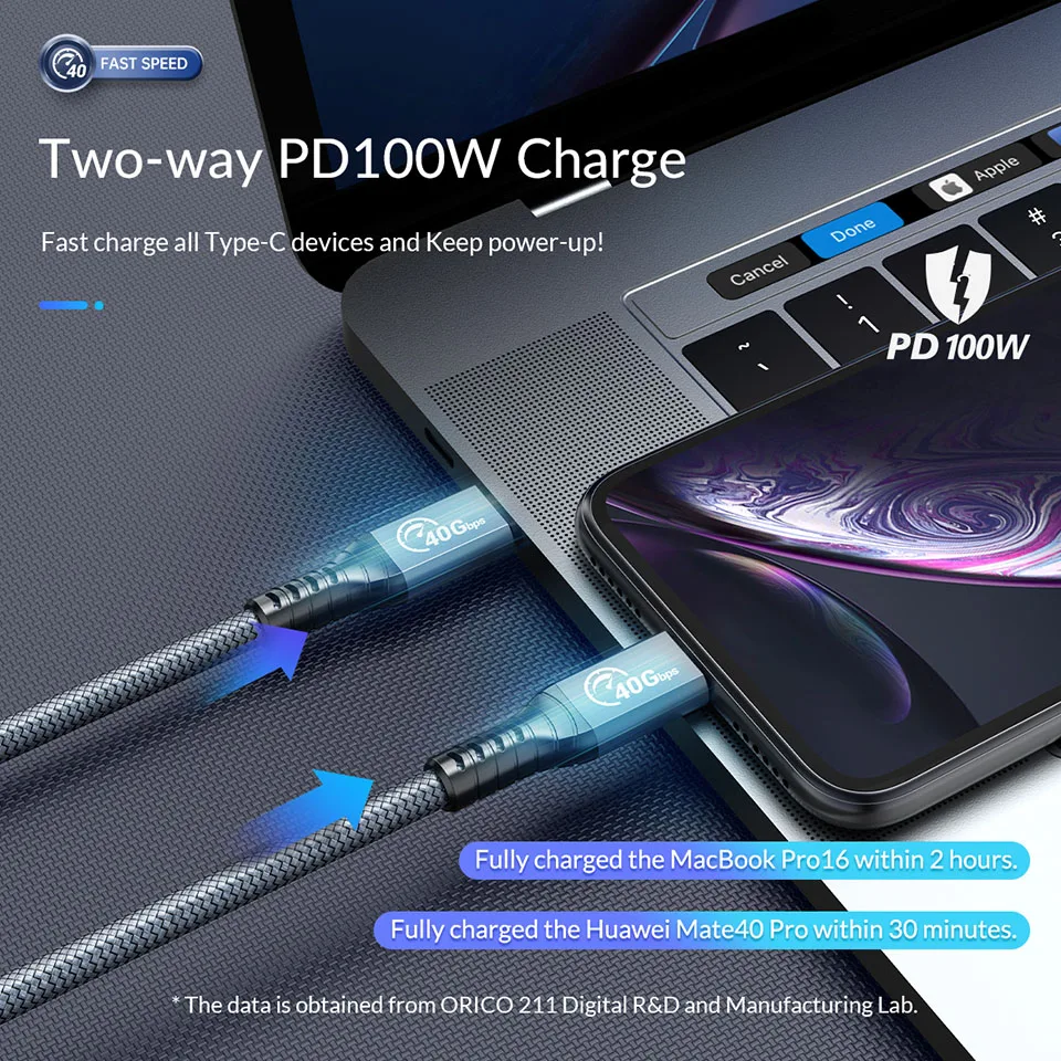Orico pd Cabo para Thunderbolt Vídeo 8k @ 60hz 40gbps Transferência de Dados 100w 5a Carregamento Rápido Náilon Trançado 2m para Macbook Samsung - Image 3
