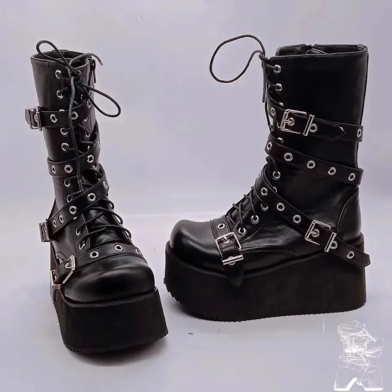 Plus Size 43 Autumn Women Platform Boots Buckle Round Toe Wedges Punk Goth INS Women Street Shoes platform boots