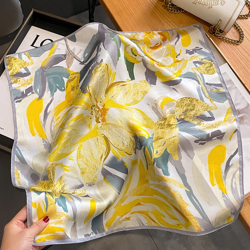 2024 Brand 100% Pure Silk Scarf Women Hot Hair Fashion Foulard Square Small Headband Hijab Print Poncho Scarves Bandana 53cm 4