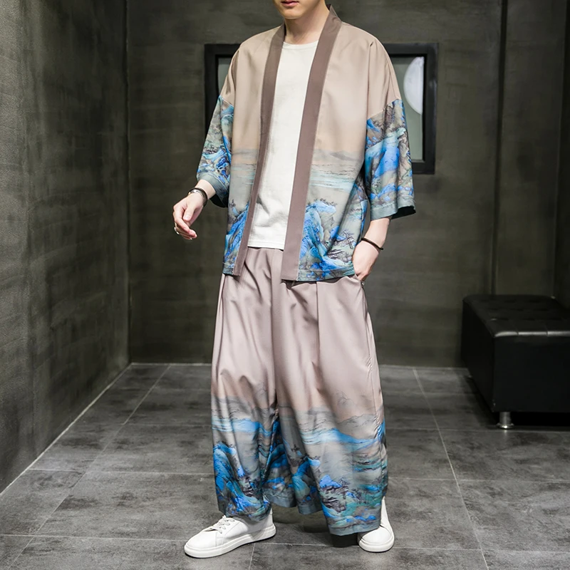 

Japanese Kimono Sets Sinicism Men's Hanfu Sets Retro Printing Cardigan Wide-leg Pants Summer Chinese Style Tang Suit Taoist Robe