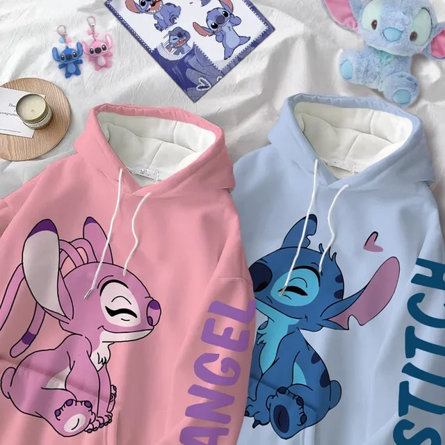 Disney Hoodie Fashion Stitch Angel Monster Letter Cartoon Sweatshirt  Pullover Cute Harajuku Unisex Women's Pocket Top