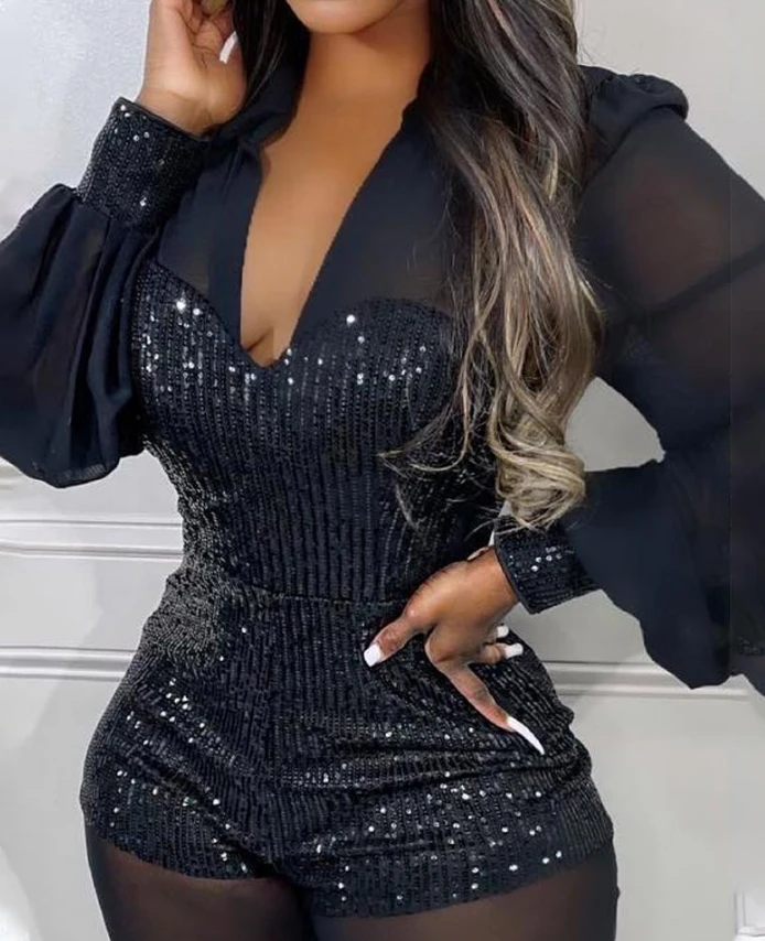 2024 Women Sexy Jumpsuit Party Night Out Skinny Jumpsuit Turn-down Collar V-Neck Contrast Sequin Long Sleeve Sheer Mesh Jumpsuit
