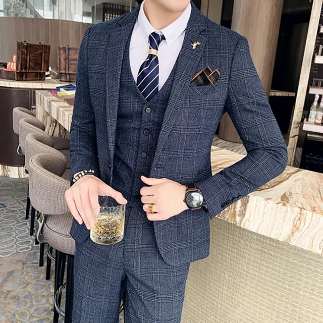 S-7XL (Jacket+Vest+Pants) Fashion Boutique Lattice Formal Business Mens Suit 3Pcs Set Groom Wedding Dress Plaid Suit Show Stage - TZ136 Blue, 3XL(EUR L)