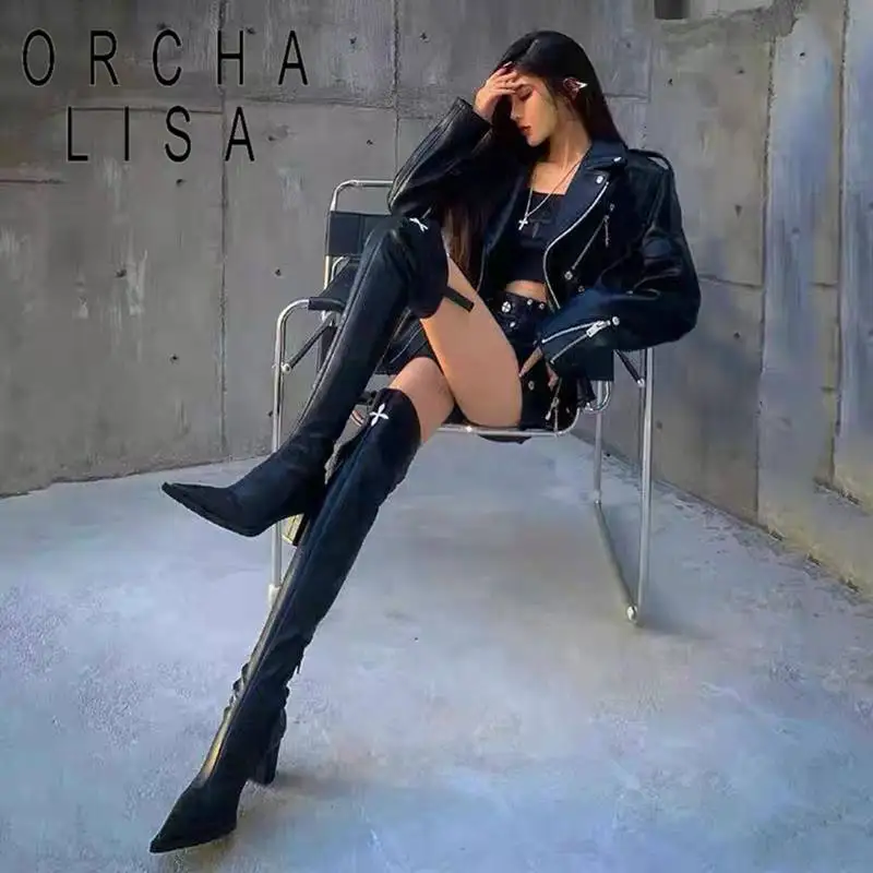 

ORCHA LISA New Womens Thigh Boots Pointed Toe Block Heels 7cm Shaft 52cm Zipper Size 40 Sexy Ladies Footware Solid Party S4168