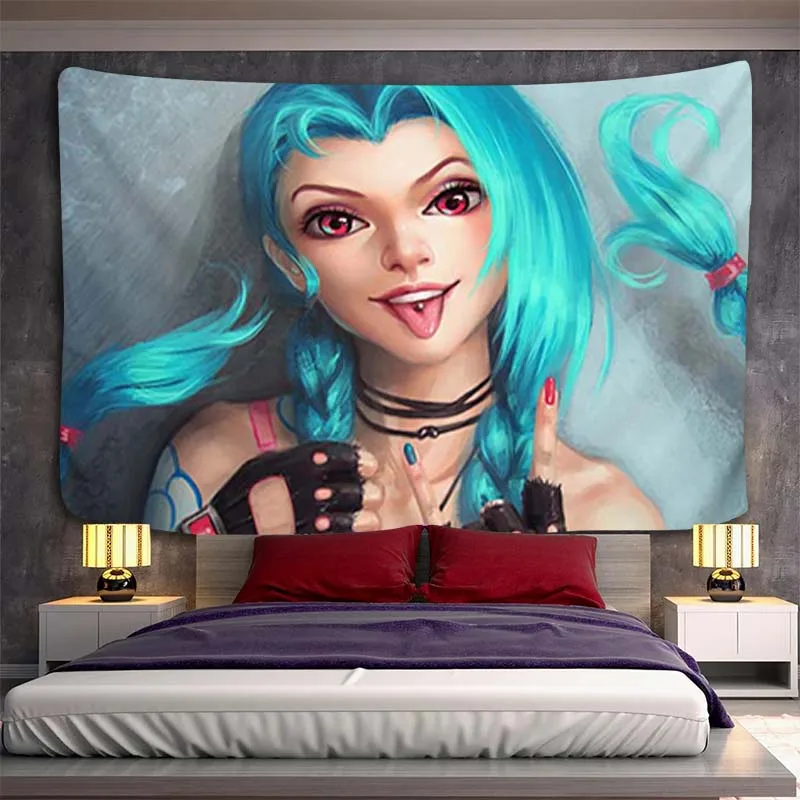 

Wall Hanging Tapestry Aesthetic Room Decoration League Of Legends Jinx Anime Headboards Tapestries Home Decor Kawaii Bedroom the