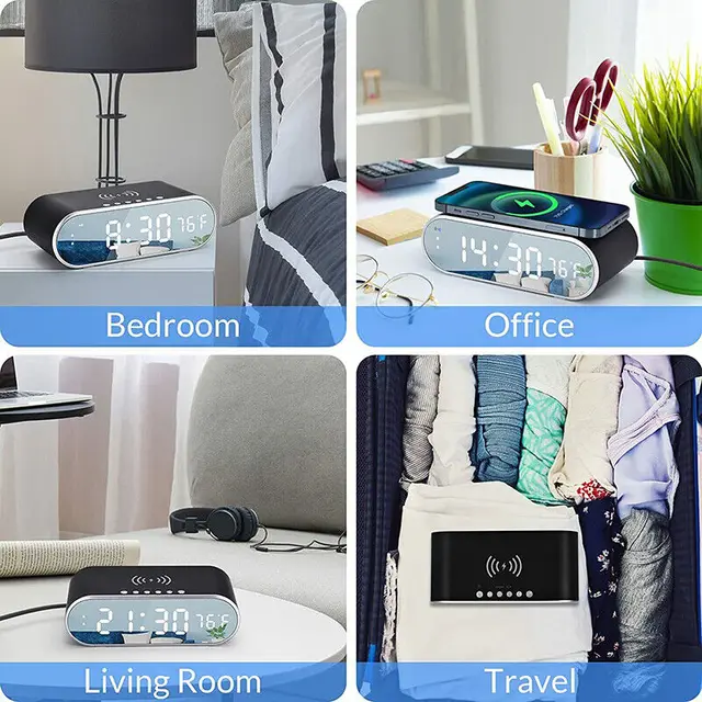 Új Digitális Ébresztőóra Vezeték Nélküli Töltés Qi Kompatibilis Aranyos Csendes Tükör Óra Student Desktop Led Elektronikus Felnőtt Számára - Image 4