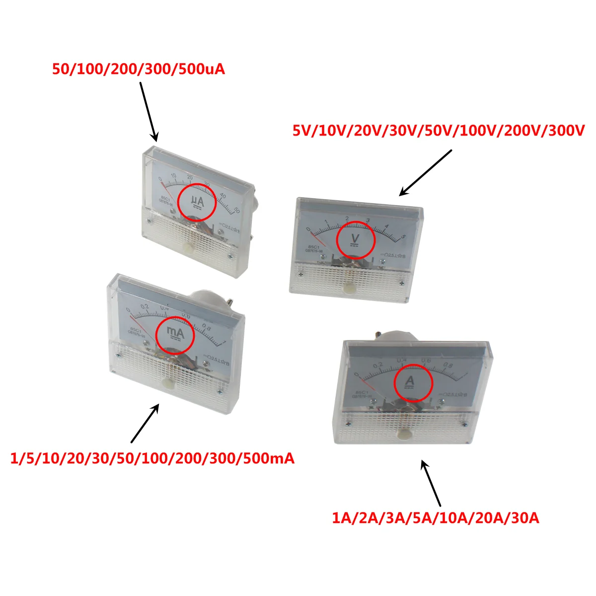 포지티브 및 네거티브 전류계, DC 밀리전류계, 마이크로전류계, 25ua, 50ua, 100ua, 200mA, 300mA, 5A, 10 전압계, Amp 아날로그 미터, 85c1