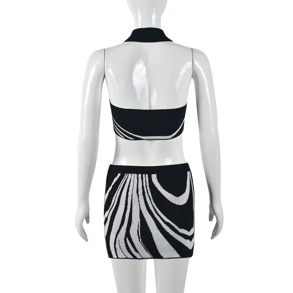 Knit Contrast Color Bodycon 2 Piece Set Women Spring Autumn 2024 Halter Sleeveless Backless Crop Top High Waist Skirt Streetwear