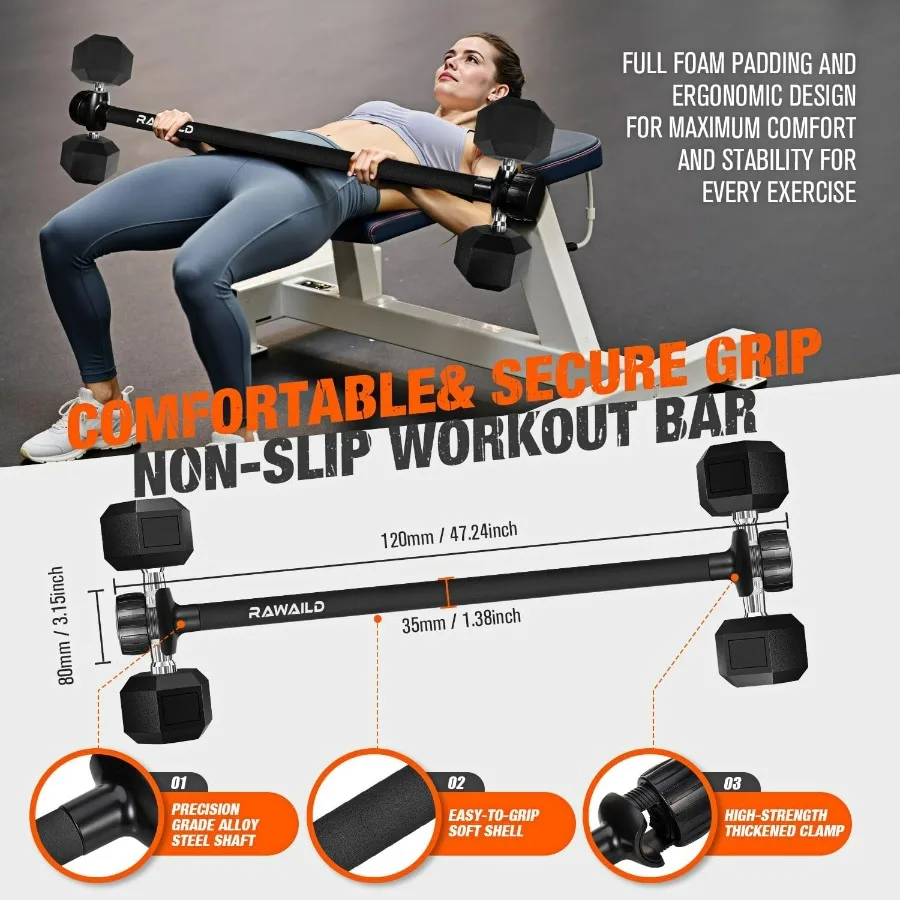 Dumbbell Converter, Convert Dumbbells to Barbell Set, Weight Bar for Bench Presses, Squats, Hip Thrust, Deadlifts, Home Weightli