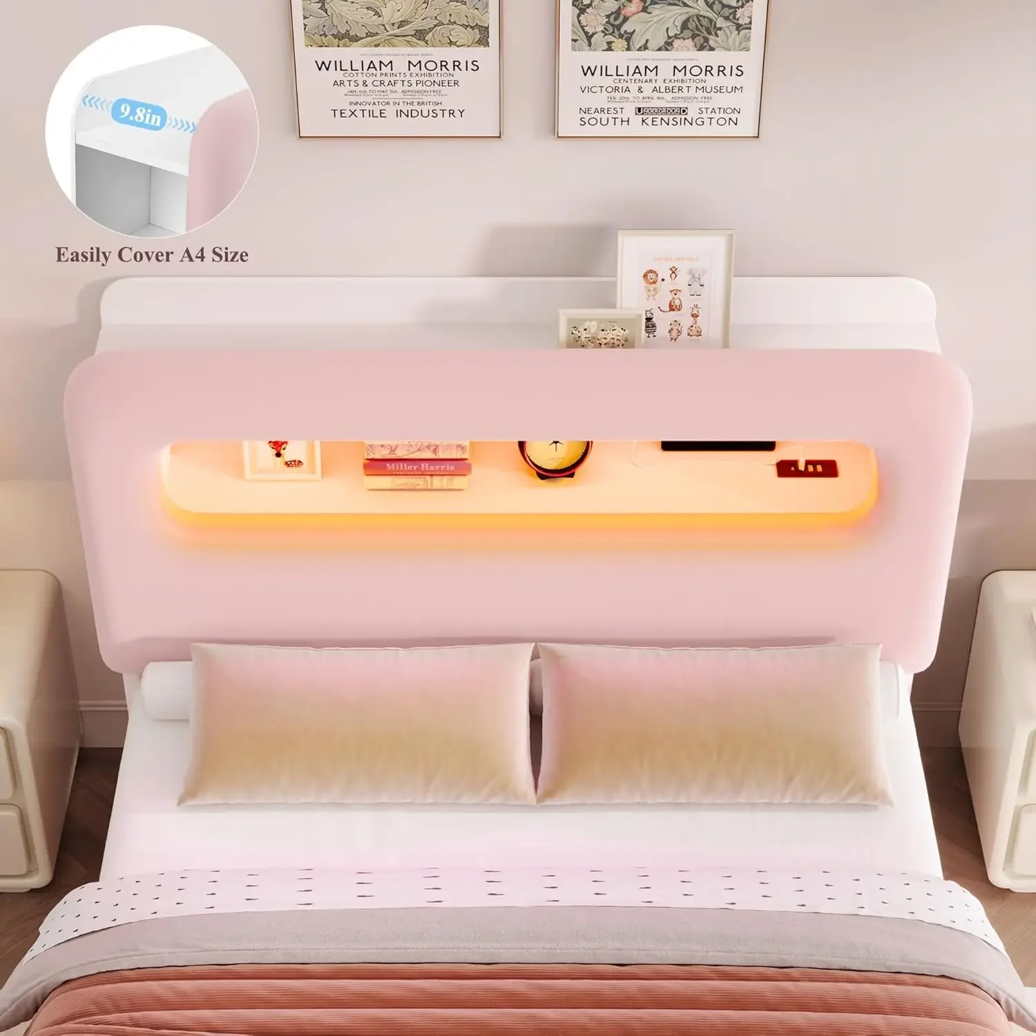 Full LED Bed Frame with Storage Headboard and Charging Station, Girls Bed Frame with 2 Drawers and USB Ports, Velvet Upholstered