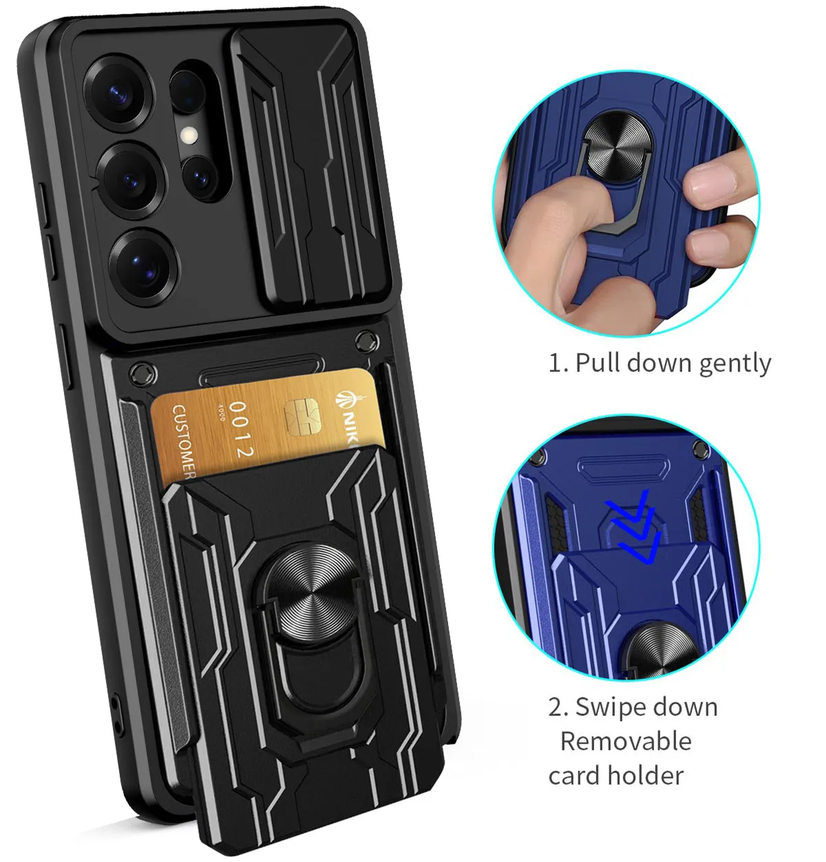 Heavy Duty Armor Mobile Phone Case with Slide Lens Protection and Card Slot Holder - Shockproof Cover