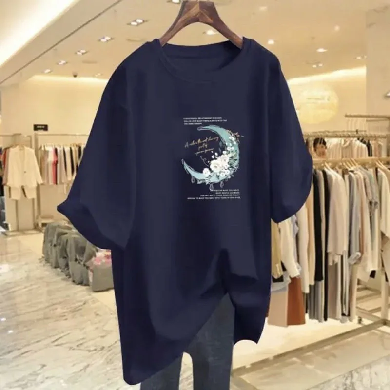 

Women's Moon Fashion Pure Cotton T-shirt 2024 Summer Flower Loose Short Sleeve Lady Basic Round Neck Casual Versatile Tops Tees