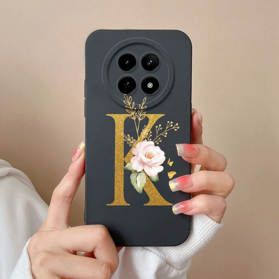 Elegant Rose Letter Soft Liquid Silicone Protective Back Cover for Realme - Lens Protection Bumper Case