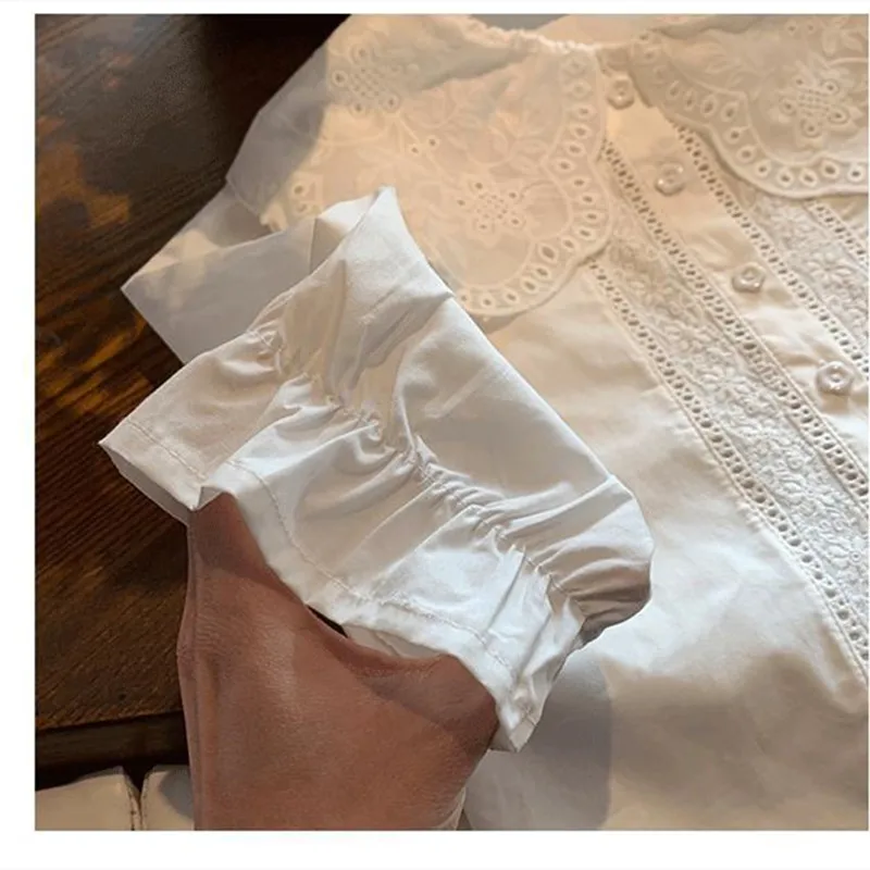 Spring Autumn baby girls lace Hollow out shirts 2-7 Years Girl cotton embroidery Lapel long sleeve blouses Tops