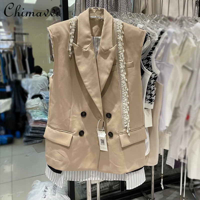 

Korean Fashion Women's Clothes Fake Two-Piece Pearl Tassel Vest 2023 Autumn New Sleeveless Suit Jacket Loose Elegant Vests Tops