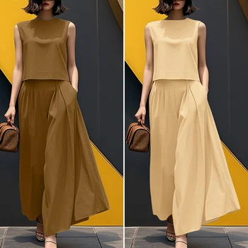 Plus Size Summer Outfits ZANZEA Stylish Women 2 Pieces Sets Sleeveless Crop Tanks Tops Wide Leg Pant Sets Casual Solid Tracksuit