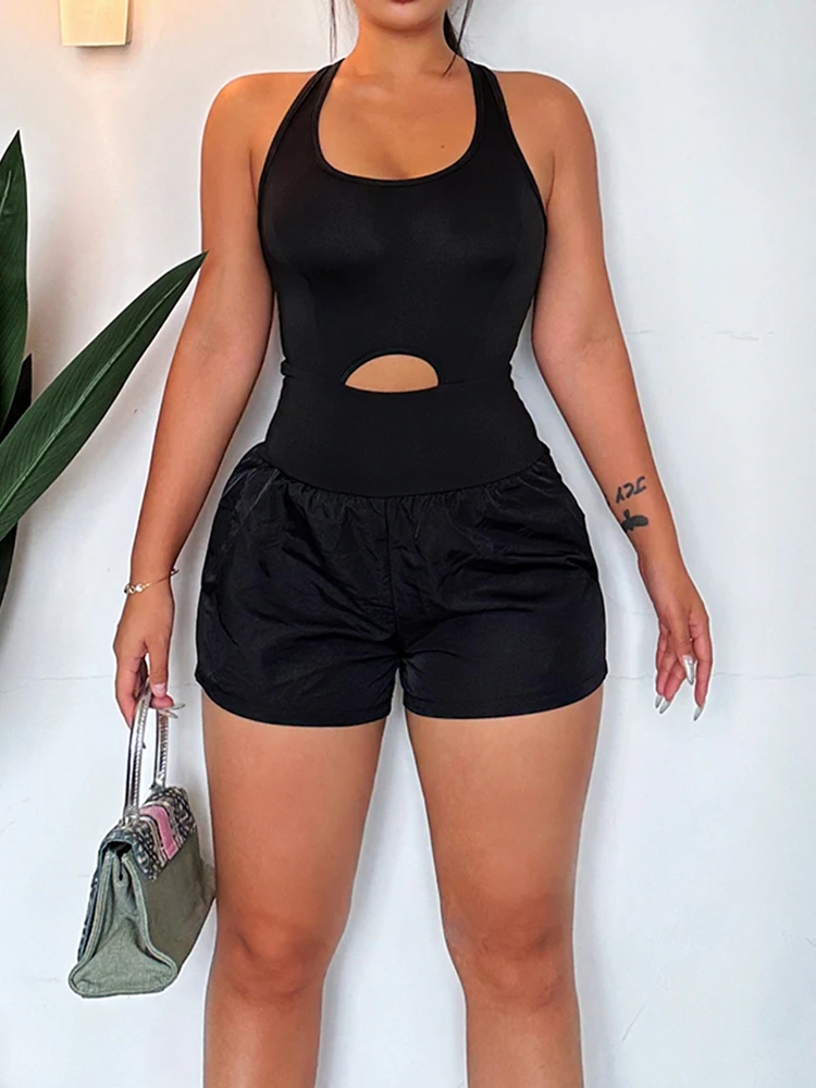 IAMSURE Sporty Activewear Basic Solid Hollow Out Playsuits Sexy Slim O-Neck Backless Rompers Women 20233 Summer Fashion Ladies