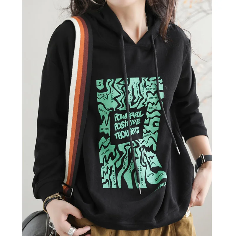 Autumn Winter Women Clothing Fashion Drawstring Loose Long Sleeve Sweatshirts Vintage Letter Printing Hoodies Plus Size T-Shirt