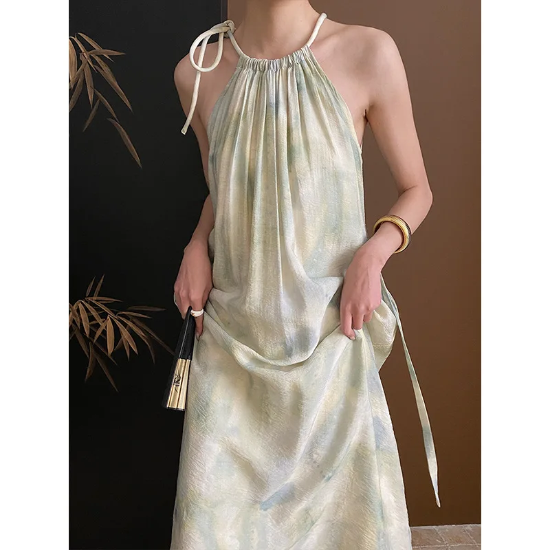 

Женское длинное платье без рукавов, элегантное платье в китайском стиле с масляной живописью, праздничное пляжное эстетичное платье с кулиской и вырезом-подвеской