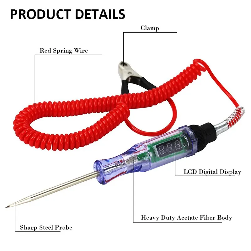 6V to 24V DC Car Truck Voltage Circuit Tester Digital Display Long Probe Pen Light Bulb Automobile Diagnostic Tools Auto Repair Voltage Tester Pen