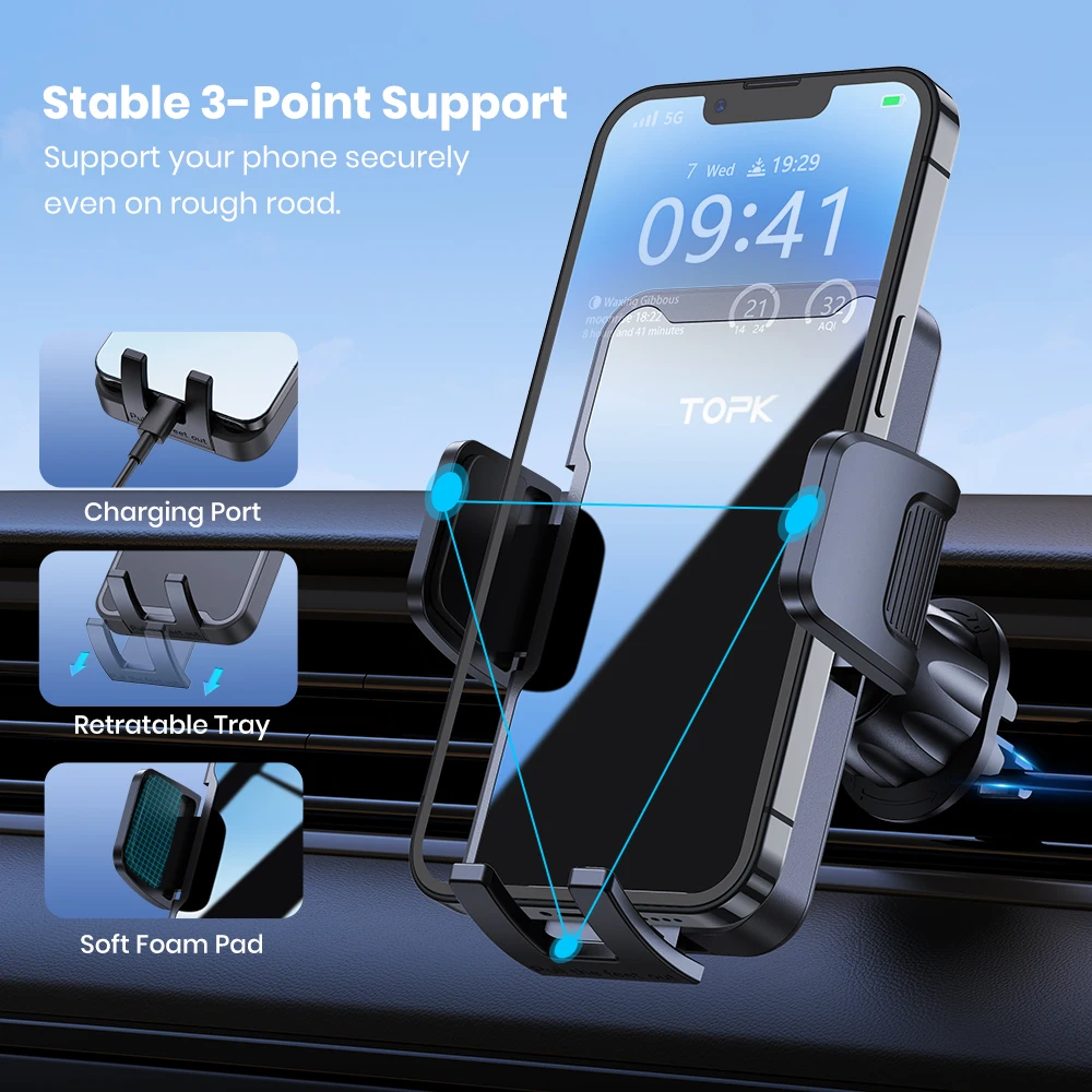 Universal Air Vent Phone Holder for Car - Adjustable Clip with 360° Rotation, Fi