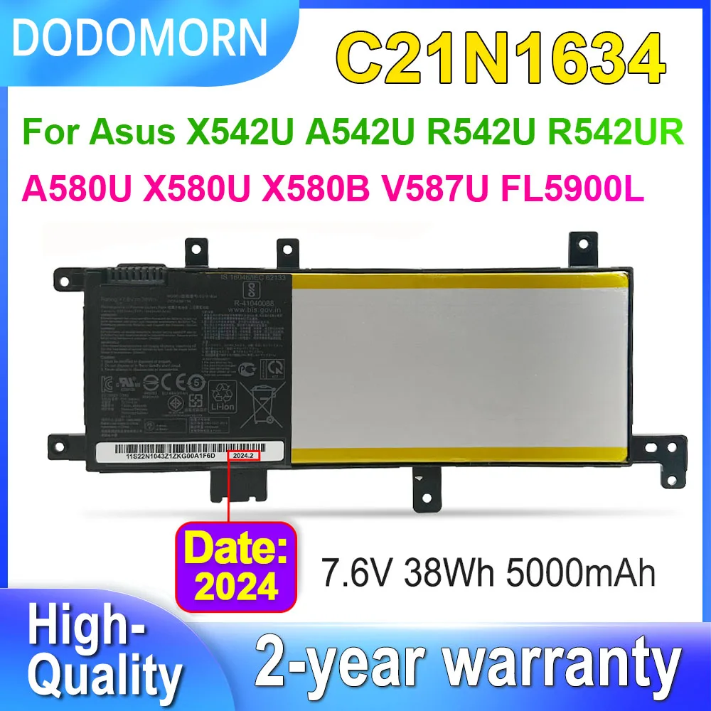 

Аккумулятор DODOMORN C21N1634 для ноутбука Asus X542U A542U R542U R542UR A580U X580U X580B V587U FL5900L FL8000L, 7,6 В, 38 Вт/ч, 5000 мАч