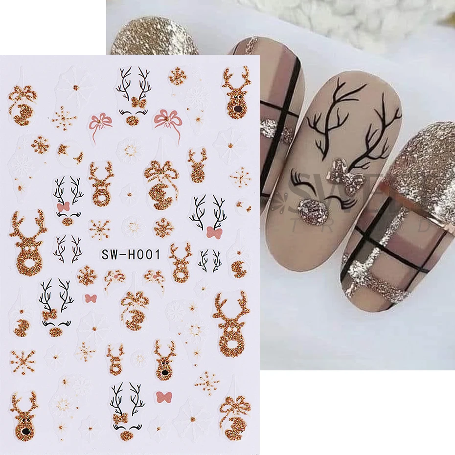 2pcs Cartoon Christmas Nail Stickers Glitter Gold Snowflake Reindeer Glove Xmas Tree Nail Slider Decals DIY Manicure Decoration