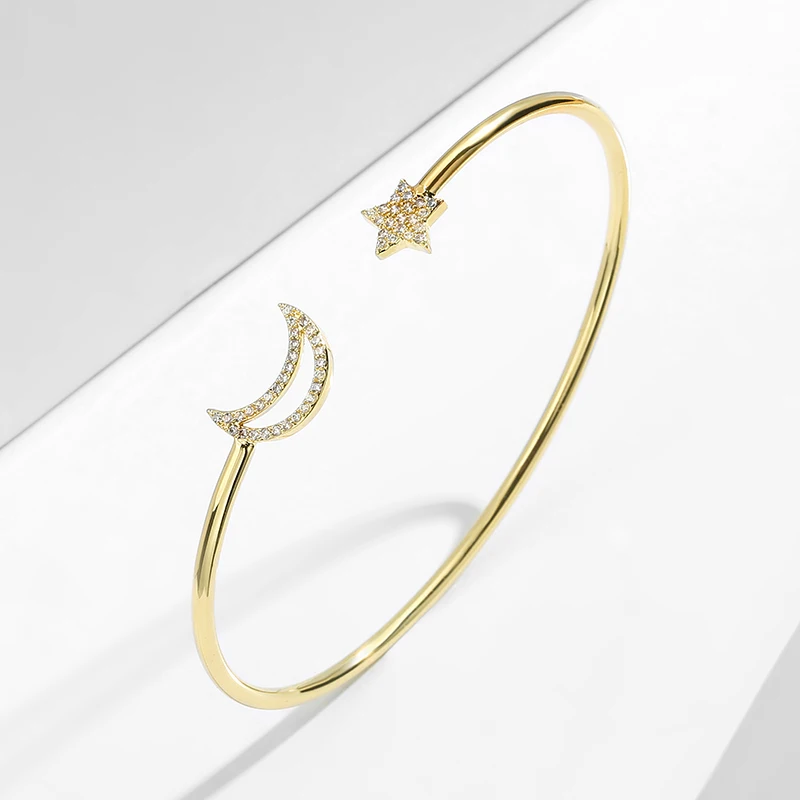 Star Moon Open Cuff Bracelet Accessories Gold Color Copper Micro Pave Zirconia Geometry Bangle for Women Men Fashion Jewelry