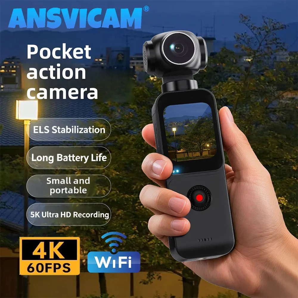 Caméra Action ANSVICAM 5K Anti-Tremblement 4K 60FPS Écran Tactile