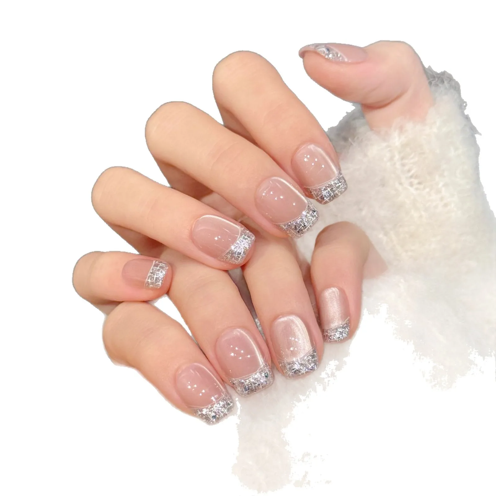 10개 수제 프레스온 네일 프렌치 다이아몬드 실크 캣츠아이 풀커버 네일 팁 여성&소녀용 탈부착 가능 착용 가능한 인조 손톱