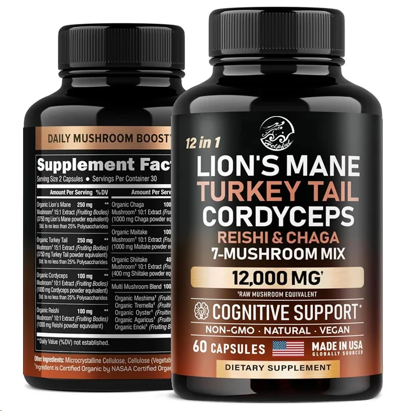 Organic Lion Mane Turkey Tail Cordyceps sinensis Ganoderma lucidum Mushroom and Oyster 12 in 1 Complex 12000 mg 60 capsules