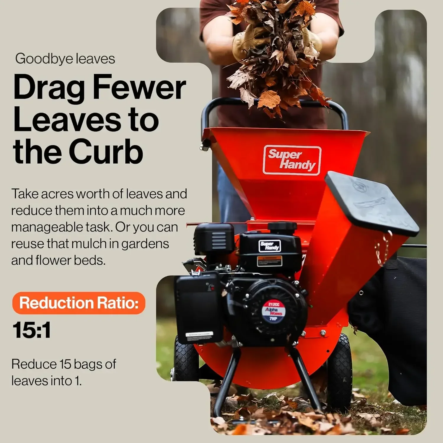 Wood Chipper Shredder Mulcher 7HP 3in1 Multi-Function 3" Inch Max Capacity attachable leaf vacuum for mulching Ultra Heavy Duty