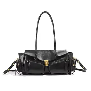 Y2K Style Large Bowling Bag, Chic Boston Handbag, Solid Color Biker Crossbody Bag, Shoulder Bag, Women's Vintage Underarm Bag 1