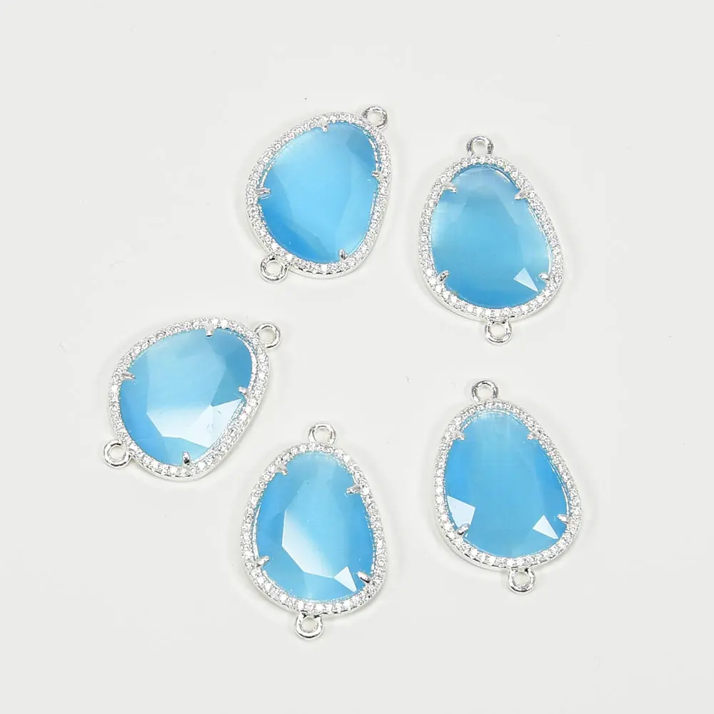 APDGG 5Pcs Blue Cat Eye Crystal CZ Paved Silver Color Connector Double Ring Jewelry Finding DIY
