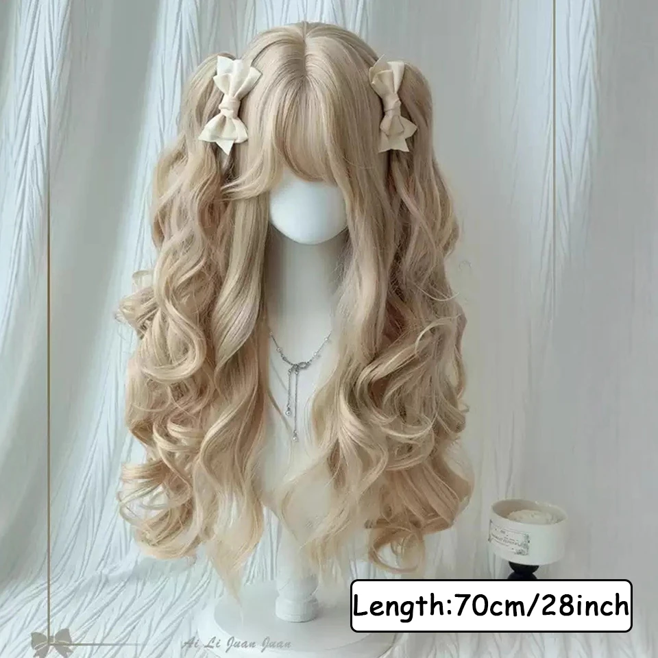 Long Wave Cosplay Wig with Double Ponytail For Women Daily Party Lolita Synthetic Wigs Gold Heat Resistant Hair