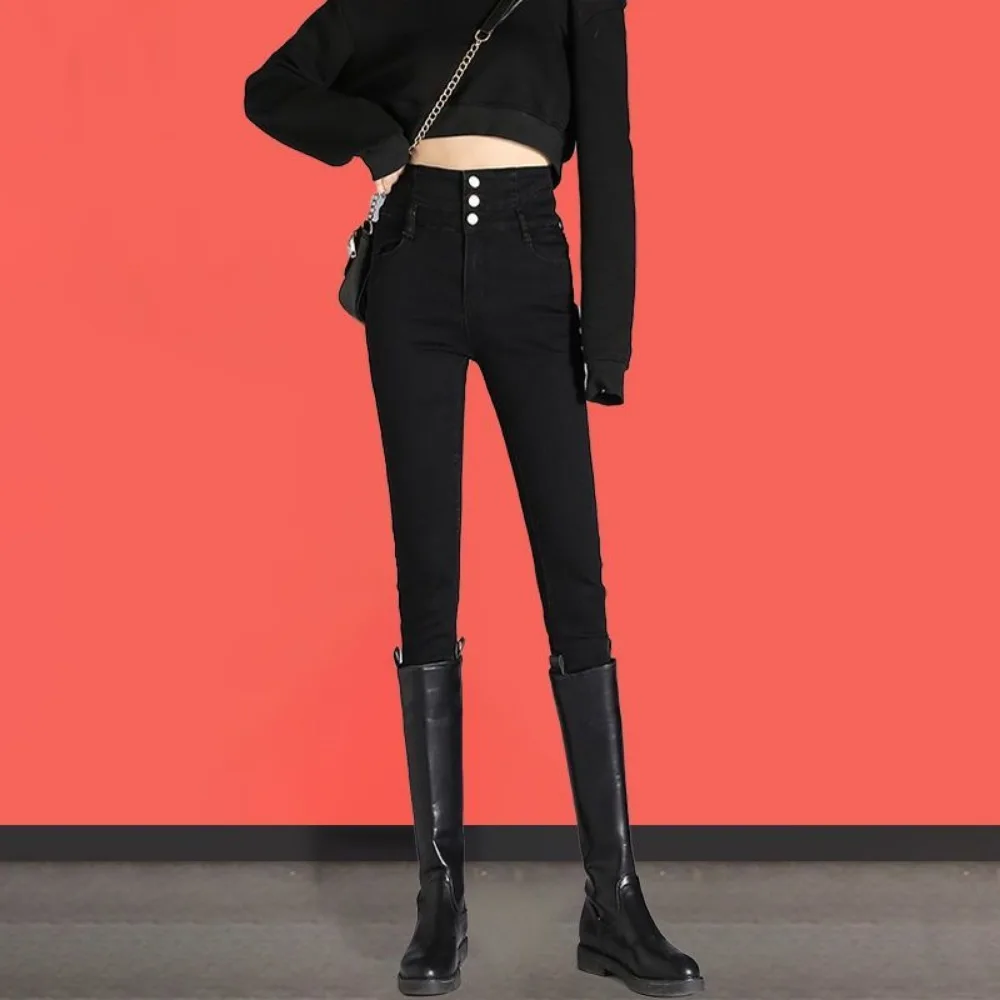Winter Thick Velvet Women High Waist Skinny Jeans Simple Fleece Warm Slim Fit Stretch Ladies Casual Denim Pencil Pants Women