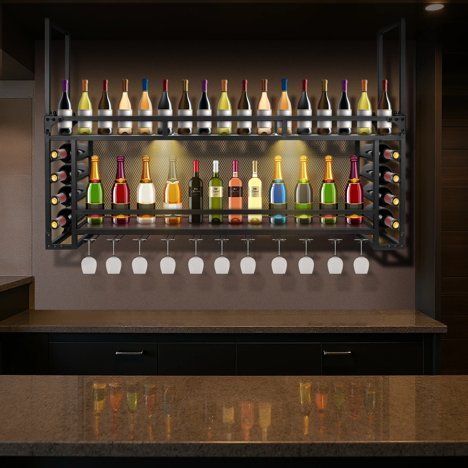 Wall Mounted 2 -Tiers Hanging Wine Rack 59.06x21.65x11.81inch Wine Bottle Display Rack Hanging Shelf for Kitchen Dining Room Bar