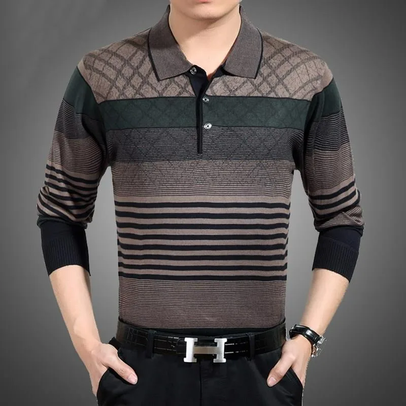 

Vintage Men Striped Plaid Cotton Polo Shirts Spring Autumn Long Sleeve T-shirt Basic Male Clothes Bottoming Casual Cotton Tops