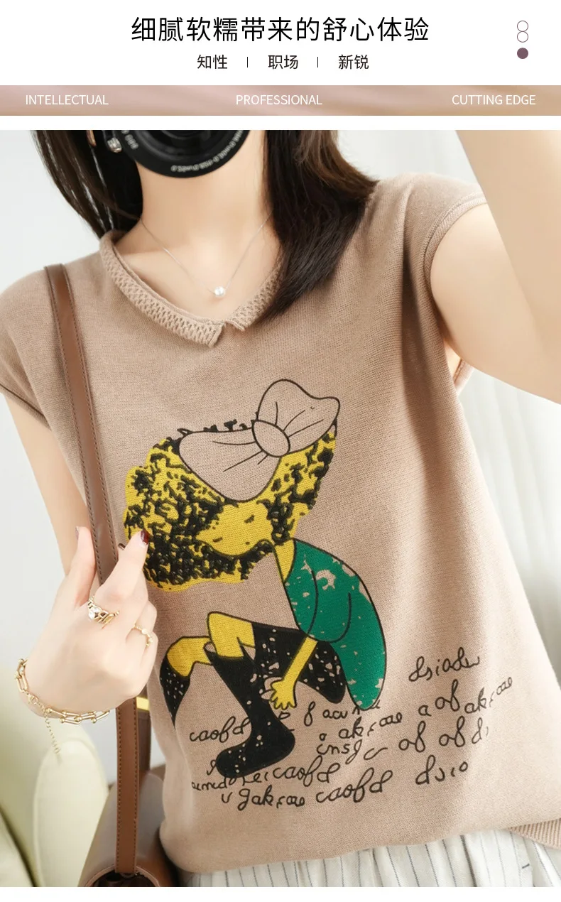 Primavera e Verão Algodão de Manga Curta de Malha Feminina com Decote em v Camisa de Fundo Camisola Pulôver Impresso Topo 2022 100% 3 Online shopping