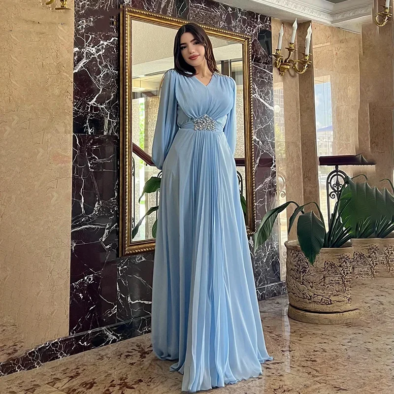 

Elegant Blue Chiffon A Line Evening Dresses Long Sleeves V Neck Beads Party Evening Gowns Floor Length Saudi فساتين مناسبة رسمية
