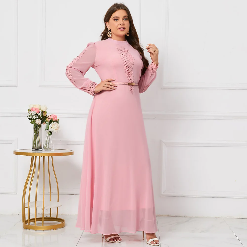 Plus Size Women Elegant Dresses Fashion Casual Solid Color Chiffon Dress 2024 New Round Neck Long Sleeve Commute Lady Dresses