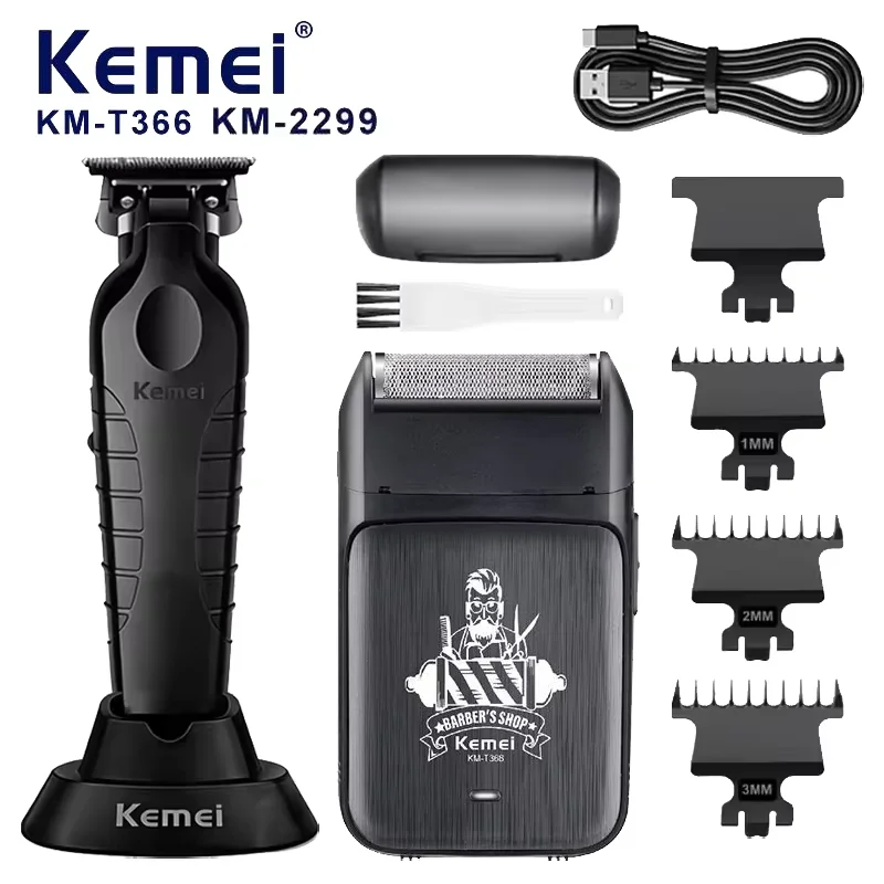 케메이 KM-2299 KM-T366 2 in 1 전문가용 헤어 클리퍼 세트 (남성용) 전기 오일 헤드 헤어 트리머 쉐어 카빙 푸셔 면..