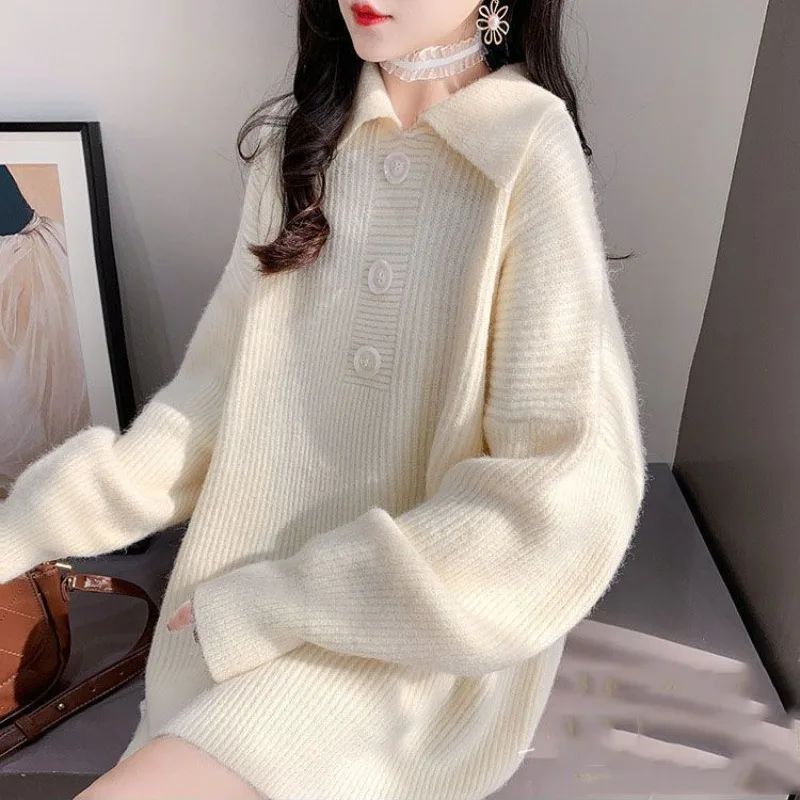 

Elegant Solid Doll Neck Sweater for Women Lazy Loose Wearing Autumn Winter Long Sleeve Knitted Sweater Sweet Knitwear Pullovers