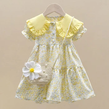 Baby Girls Dress Kids Summer Cute Flowers Dress+Inclined Shoulder Bag 1-8 Years Old Children Fashion Doll Collar Princess Dress 1