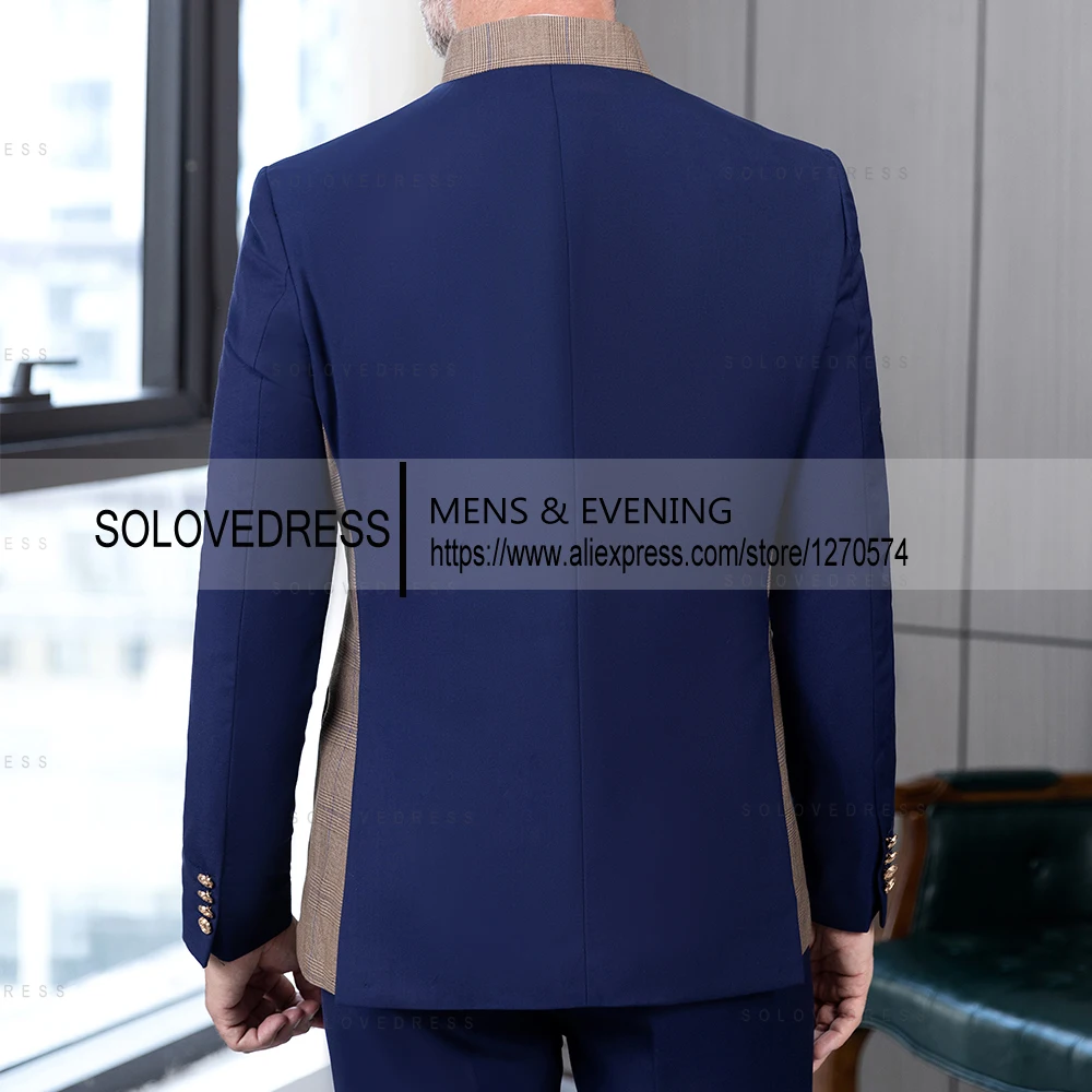 2 Pieces Splicing Plaid Can Be Two Types of Buttons Slim Fit Business Men's Suits With 2 Pockets（Blazer+Pants ）